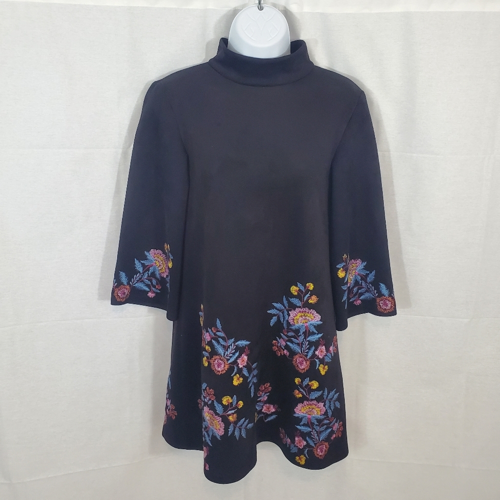 ZARA BLACK SUEDE EMBROIDERED DRESS BACK ZIP MINI SIZE XS - Picture 3 of 13